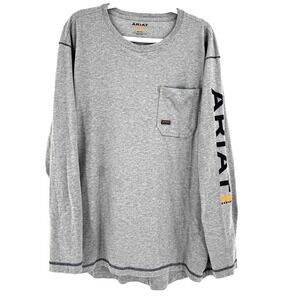ARIAT Rebar Workman Logo Long Sleeve T-Shirt Mens 2XL Gray Pocket Stretch Cowboy